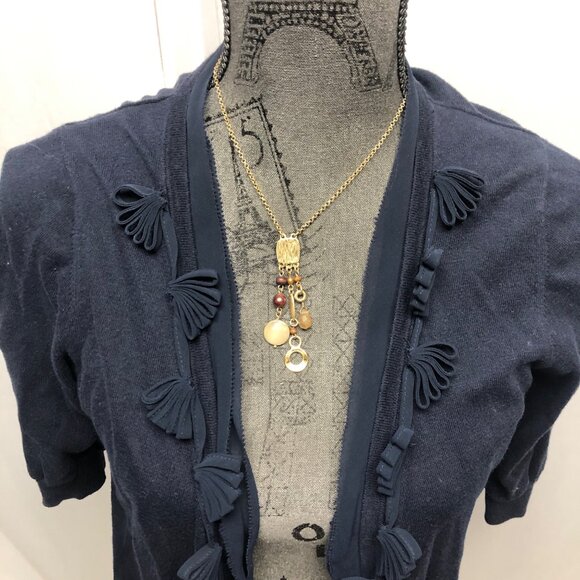 Ann Taylor Loft Cardigan Womens Size Medium Navy Blue Open Front 3-D Floral Trim - Picture 2 of 7